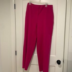 Magenta pleated straight leg trousers with button clasp